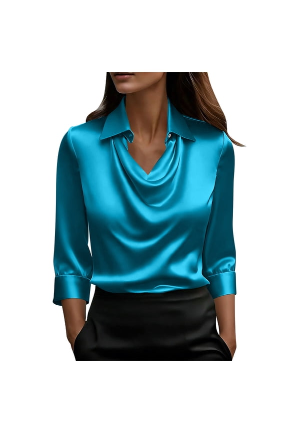 Women's Elegant Cowl Neck Satin Blouse Dressy Casual 3/4 Length Sleeve Office Work Business Shirts Tops 2026 Summer Light Blue S