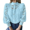 thumbnail image 1 of Olyvenn Women's Elegant Floral Lace Shirts Casual Dressy Hollow Out See Through Blouse Long Sleeve Button Down Stand Collar Top Sky Blue XXL, 1 of 9