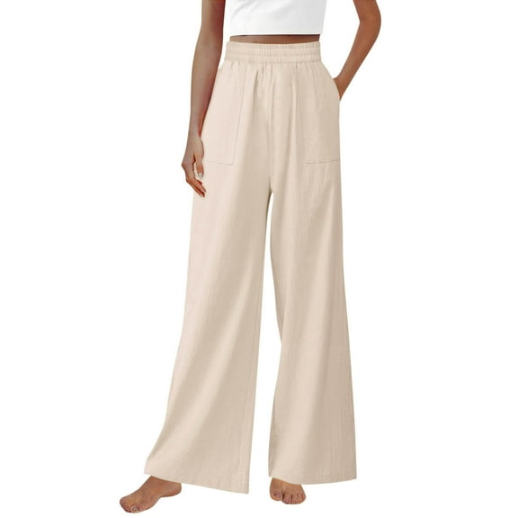 Olyvenn Women's Elegant Flowy Dress Pants Front Pleated High Waisted Cotton Linen Casual Wide Leg Loose Palazzo Trousers with Pockets Beige 10