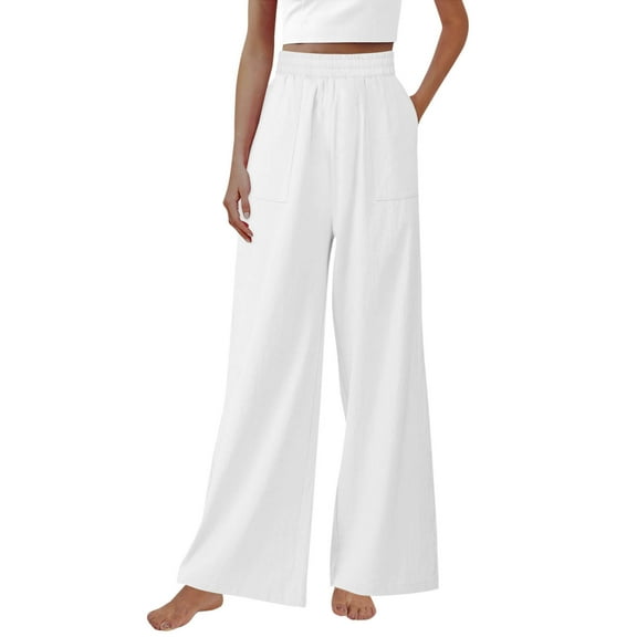 Olyvenn Women's Elegant Flowy Dress Pants Front Pleated High Waisted Cotton Linen Casual Wide Leg Loose Palazzo Trousers with Pockets White 8