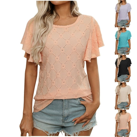 Olyvenn Women's Eyelet Knit Top, Ruffle Short Sleeve T-Shirt, Summer Fashion Crew Neck, Causal Summer Basic Tee Tops Black XL