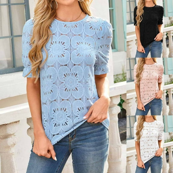 Olyvenn Women's Eyelet Tops Puff Short Sleeve Blouses Dressy Casual Cute Hollow Out Crochet Lace Embroidered Summer Shirts Black XXL