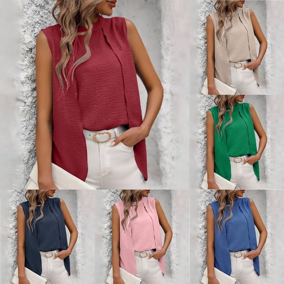 Olyvenn Women's Fake Two Piece Fashion Tops Pleated Tanks for Summer Solid Color Crew High Neck Sleeveless Casual Tops Beige S