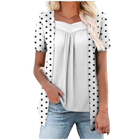 Olyvenn Women's Fake Two-Piece Short Sleeve Tops Polka Dot Flat Collar Long Hemline Tops V-Neck Short Sleeve Shirts White S