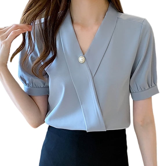 Olyvenn Women's Fall 2025 Casual Blouses Short Sleeve V Neck Solid Button Front Puff Sleeve Blouse for Top Shirt Tee Blue XXL