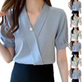 thumbnail image 1 of Olyvenn Women's Fall 2025 Casual Blouses Short Sleeve V Neck Solid Button Front Puff Sleeve Blouse for Top Shirt Tee Green XXXL, 1 of 5