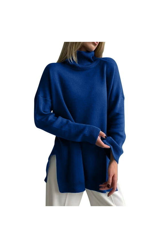 Women's Fall Turtleneck Long Sleeve Pullover Sweaters Casual Loose Spilt Hem Knitted Sweater Winter Tops Blouse Blue M