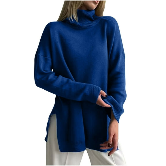 Olyvenn Women's Fall Turtleneck Long Sleeve Pullover Sweaters Casual Loose Spilt Hem Knitted Sweater Winter Tops Blouse Blue XL