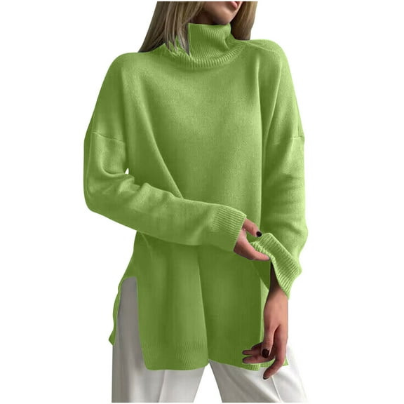 Olyvenn Women's Fall Turtleneck Long Sleeve Pullover Sweaters Casual Loose Spilt Hem Knitted Sweater Winter Tops Blouse Green L