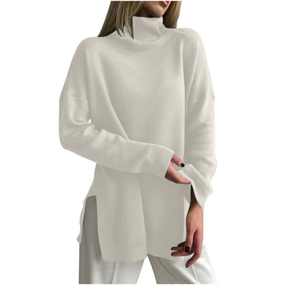 Olyvenn Women's Fall Turtleneck Long Sleeve Pullover Sweaters Casual Loose Spilt Hem Knitted Sweater Winter Tops Blouse White S