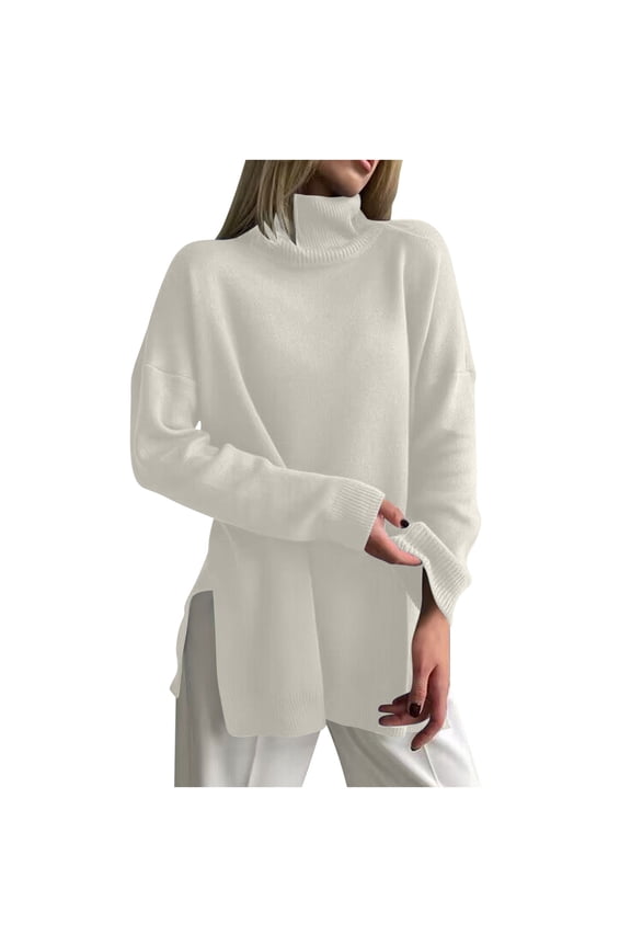 Women's Fall Turtleneck Long Sleeve Pullover Sweaters Casual Loose Spilt Hem Knitted Sweater Winter Tops Blouse White S