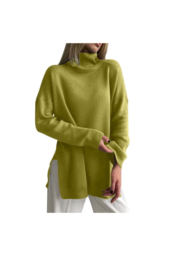 Women's Fall Turtleneck Long Sleeve Pullover Sweaters Casual Loose Spilt Hem Knitted Sweater Winter Tops Blouse Yellow XL