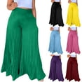 thumbnail image 1 of Olyvenn Women's Fashion Summer Casual Solid Chiffon Pockets Elastic Waist Full Length Long Pants Double Layer Crinkle Wide Leg Pants Trousers Flare Trousers Sky Blue 4, 1 of 5