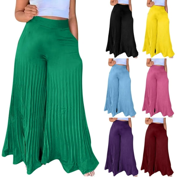 Olyvenn Women's Fashion Summer Casual Solid Chiffon Pockets Elastic Waist Full Length Long Pants Double Layer Crinkle Wide Leg Pants Trousers Flare Trousers Black 6