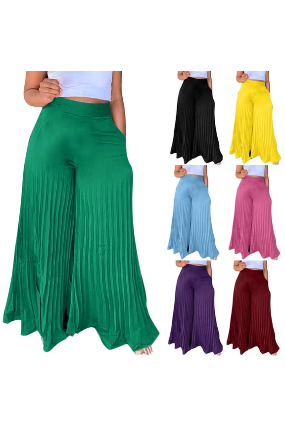Women's Fashion Summer Casual Solid Chiffon Pockets Elastic Waist Full Length Long Pants Double Layer Crinkle Wide Leg Pants Trousers Flare Trousers Pink 4