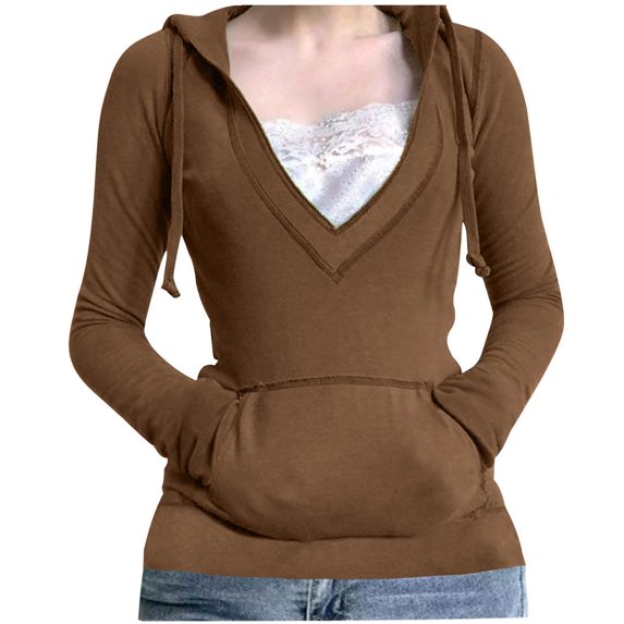 Olyvenn Women's Fashionable Casual Slim Fit Deep V Neck Drawstring Hoodie with Lace Patchwork Top T Shirt Woman Tee Brown 8