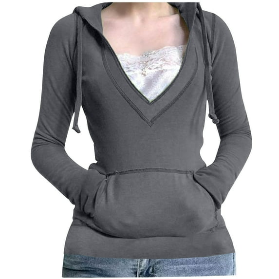 Olyvenn Women's Fashionable Casual Slim Fit Deep V Neck Drawstring Hoodie with Lace Patchwork Top T Shirt Woman Tee Gray 8