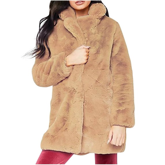 Olyvenn Women's Faux Fur Coat Fuzzy Warm Winter Collared Long Fur Jackets Cardigan Outerwear with Pockets Overcoat Beige XXL