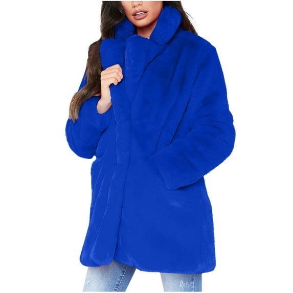 Olyvenn Women's Faux Fur Coat Fuzzy Warm Winter Collared Long Fur Jackets Cardigan Outerwear with Pockets Overcoat Blue XXXL