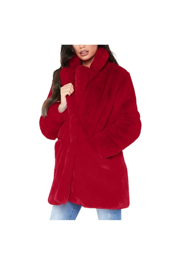 Women's Faux Fur Coat Fuzzy Warm Winter Collared Long Fur Jackets Cardigan Outerwear with Pockets Overcoat Red L
