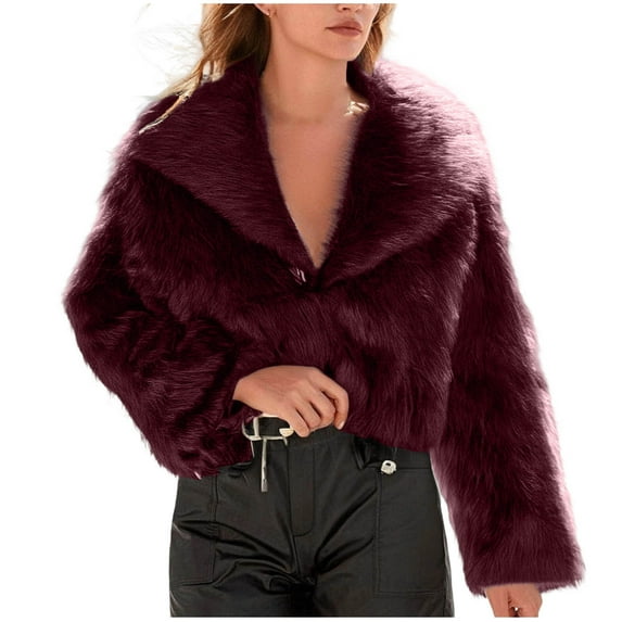 Olyvenn Women's Faux Fur Coat Long Sleeve Fluffy Jacket V Neck Lapel Furry Winter Shaggy Cropped Coat Outwear Wine M