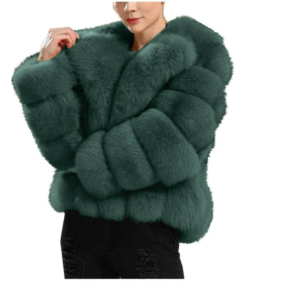 Olyvenn Women's Faux Fur Coat Winter Long Sleeve Cropped Jacket Open Front Fuzzy Fluffy Furry Cardigan Short Coat Outwear Army Green S