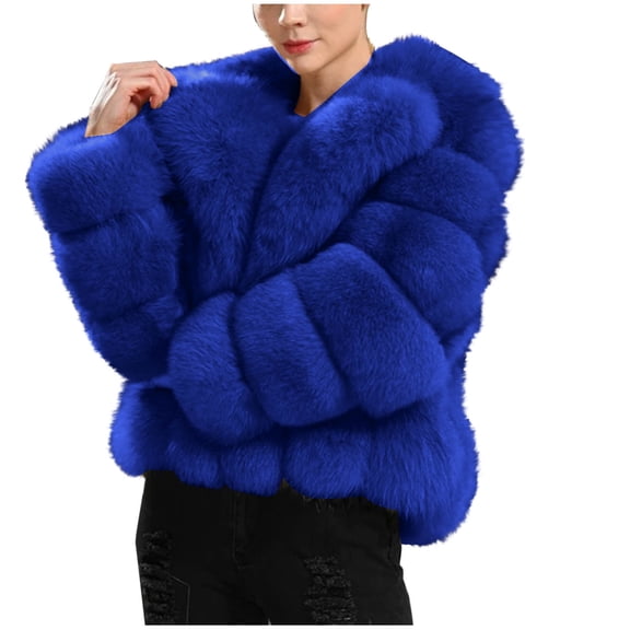 Olyvenn Women's Faux Fur Coat Winter Long Sleeve Cropped Jacket Open Front Fuzzy Fluffy Furry Cardigan Short Coat Outwear Blue L