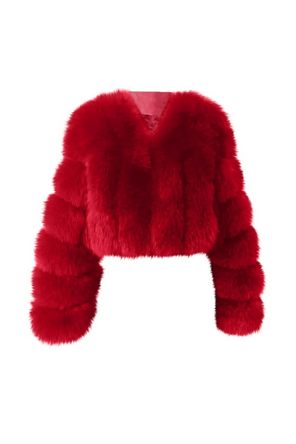Women's Faux Fur Cropped Coat Long Sleeve Open Front Winter Jacket Plus Size Fluffy Puffer Zip Up Teddy Overcoat Red M