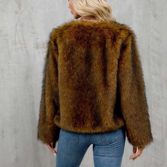 Olyvenn Women's Faux Fur Long Sleeve Open-front Winter Cropped Coat Winter Short Faux Fur Coat Long Sleeve Cardigan Fleece Jackets Brown S
