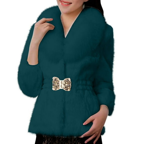 Olyvenn Women's Faux Fur Winter Coats Fuzzy Warm Jacket Plus Size Fleece Jackets Elegant Open Front Cardigan Casual Outerwear Green S