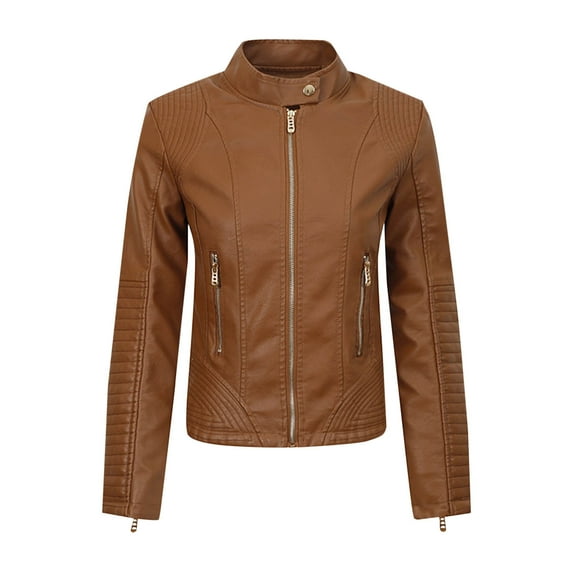 Olyvenn Women's Faux Leather Jacket Solid Motorcycle Moto Biker Short Coat Long Sleeve Stand Collar Zip up Jacket Gold XS