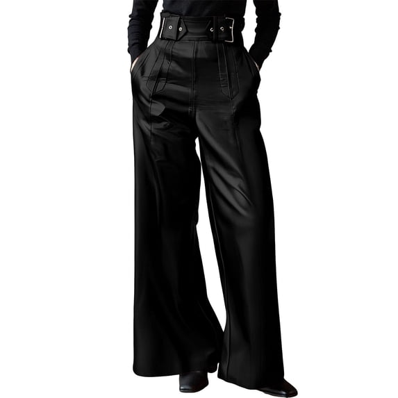 Olyvenn Women's Faux Leather Pants PU High Waist Wide Leg Pants with Pockets Pleated Going Out Flare Trousers Black L