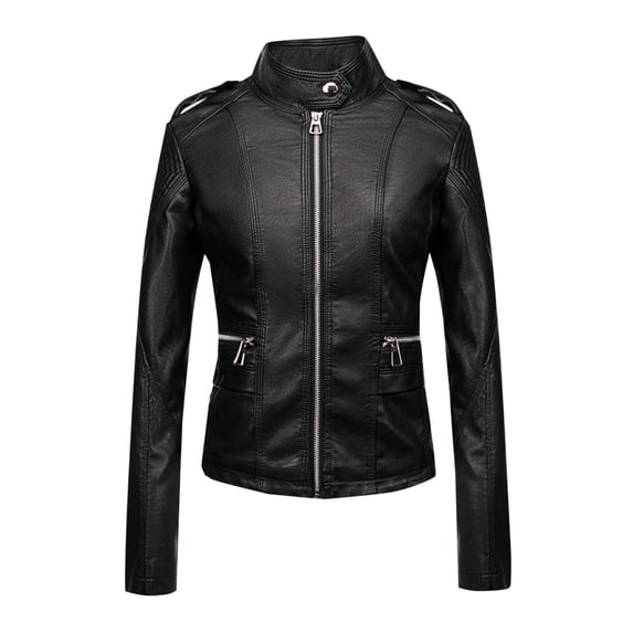 Olyvenn Women's Faux PU Casual Classic Coat Stand Collar Regular Fit Coat Jacket Zip Front Long Sleeve Fall Coats Black M