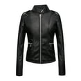 thumbnail image 1 of Olyvenn Women's Faux PU Casual Classic Coat Stand Collar Regular Fit Coat Jacket Zip Front Long Sleeve Fall Coats Black S, 1 of 5