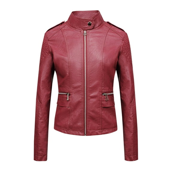 Olyvenn Women's Faux PU Casual Classic Coat Stand Collar Regular Fit Coat Jacket Zip Front Long Sleeve Fall Coats Wine XS