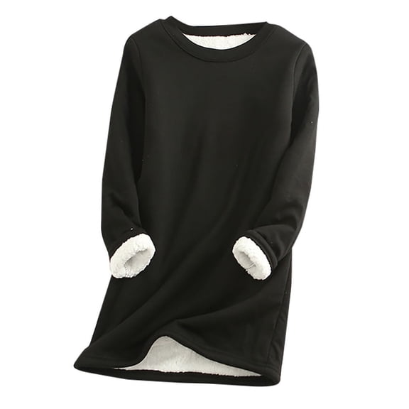 Olyvenn Women's Fleece Lined Long Tunic Sweatshirt, Crew Neck Long Sleeve Thermal Warm Mid Length Top with Side Pockets Black S