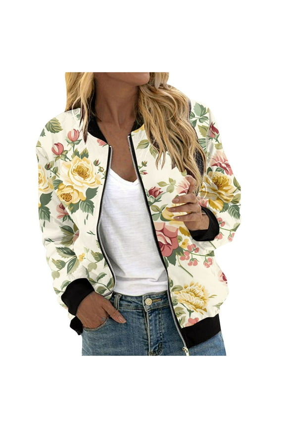 Women's Floral Bomber Jacket Long Sleeve Zipper Up Lightweight Outwear Spring Fall Blouse Print Streetwear Khaki XXXL
