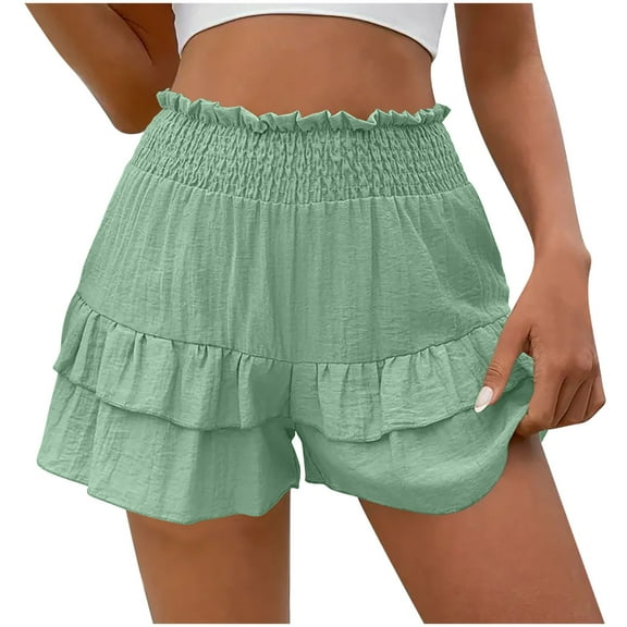 Olyvenn Women's Flowy Linen Skirts Shorts Ruffle Boho Summer Smocked High Waist Running Tennis Casual Skorts Mint Green L