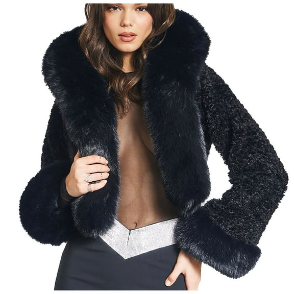 Olyvenn Women's Fluffy Cropped Faux Fur Hooded Jacket Coats,Shaggy Mini Short Crop Cardigan Outwear Parka Tops Black L