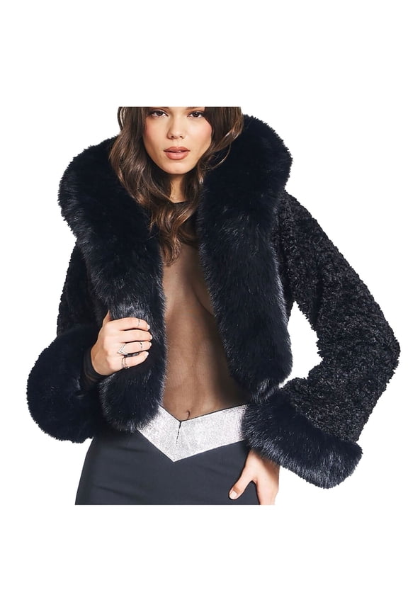 Women's Fluffy Cropped Faux Fur Hooded Jacket Coats,Shaggy Mini Short Crop Cardigan Outwear Parka Tops Black XXXL