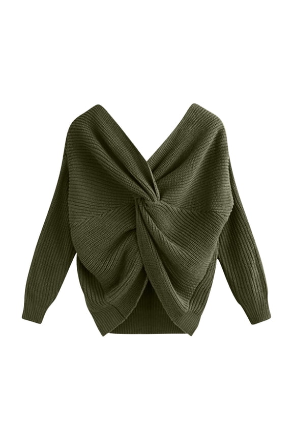 Women's Front Twist Fashion Y2K Sweater, Long Sleeve Ruched V-Neck Sweaters Tops Cable Knit Casual Clothes Army Green Free Size