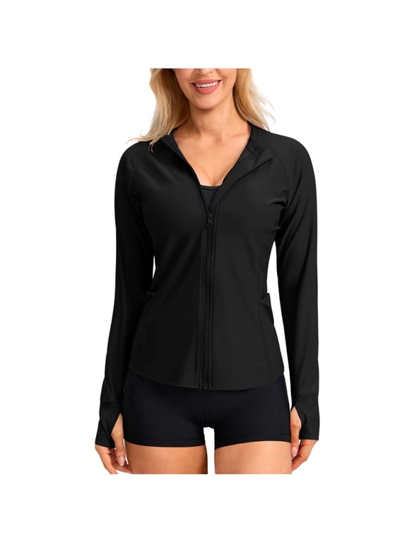 Women's Full-Zip Sun Protection Jacket, Long Sleeve, Lightweight Fabric with Side Pockets, Quick Dry for Outdoor & Beach Black M