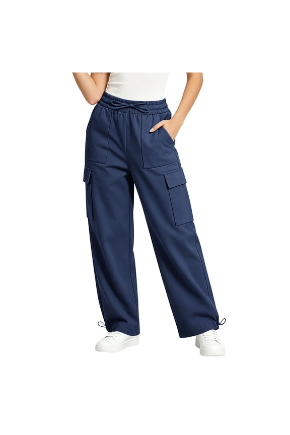 Women's Functional Cargo Pants, Elastic Drawstring Waist, Multi-Pocket Straight Leg Trousers for Street Style Navy L