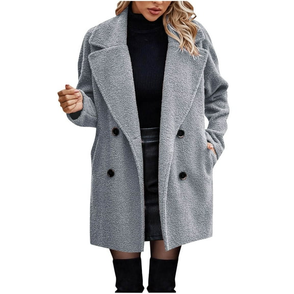 Olyvenn Women's Fuzzy Fleece Trench Coat Notched Lapel Collar Double Breasted Pea Coat Winter Wool Blend Over Coats Gray XL