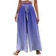 thumbnail image 1 of Olyvenn Women's Gradient Linen Pants Boho Print Elastic High Waisted Pants Casual Wide Leg Long Pant Trousers with Pockets Blue 10, 1 of 5