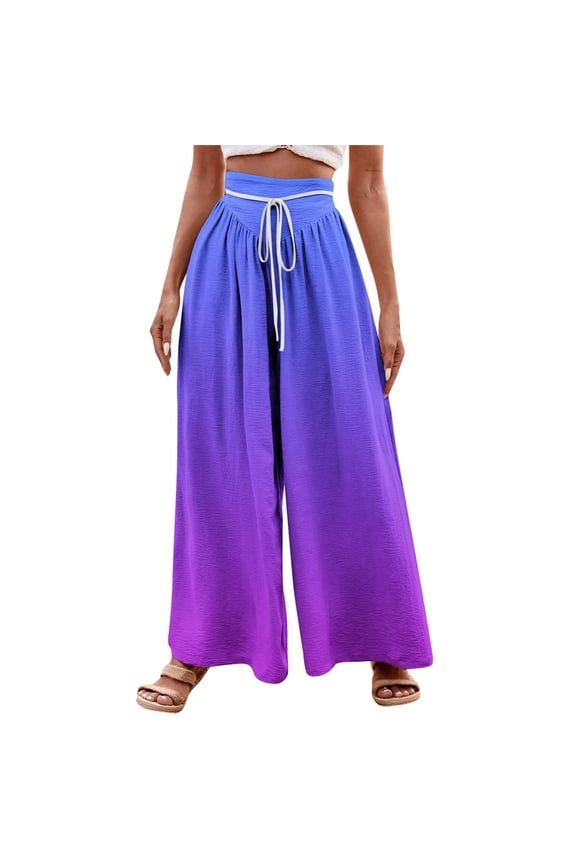 Women's Gradient Linen Pants Boho Print Elastic High Waisted Pants Casual Wide Leg Long Pant Trousers with Pockets Purple 12