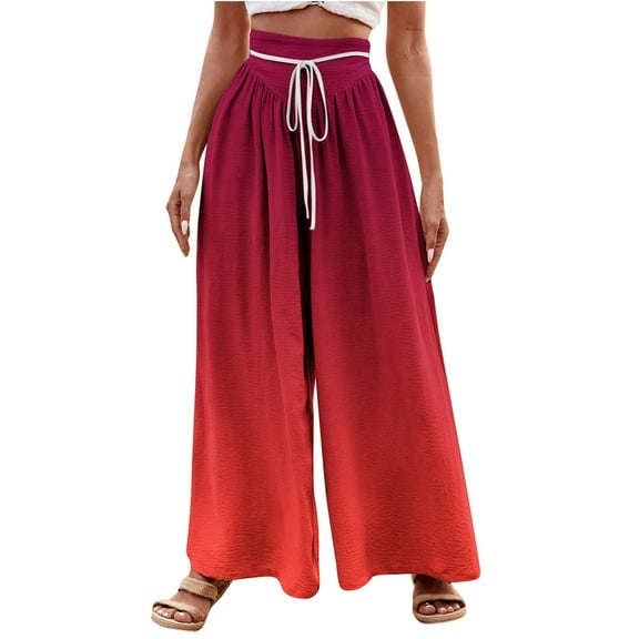 Olyvenn Women's Gradient Linen Pants Boho Print Elastic High Waisted Pants Casual Wide Leg Long Pant Trousers with Pockets Red 4