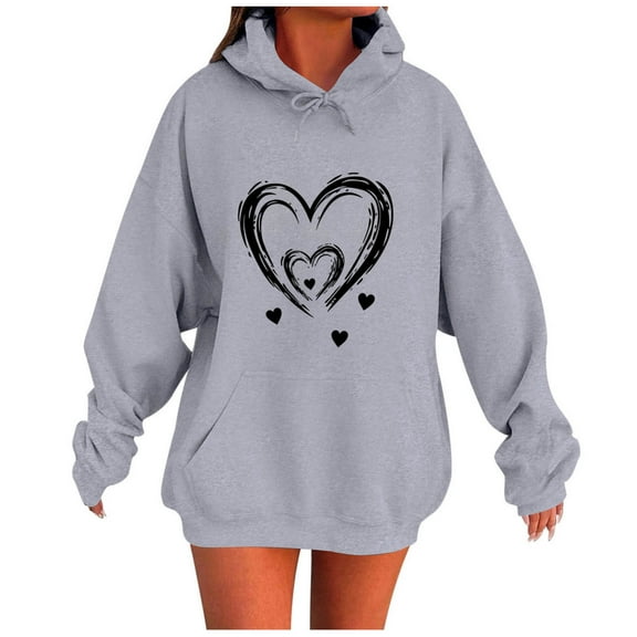 Olyvenn Women's Graphic Hoodies Heart Print Drawstring Long Sleeve Pocket Sweatshirt Fall Fashion Pullover Tops Gray XL