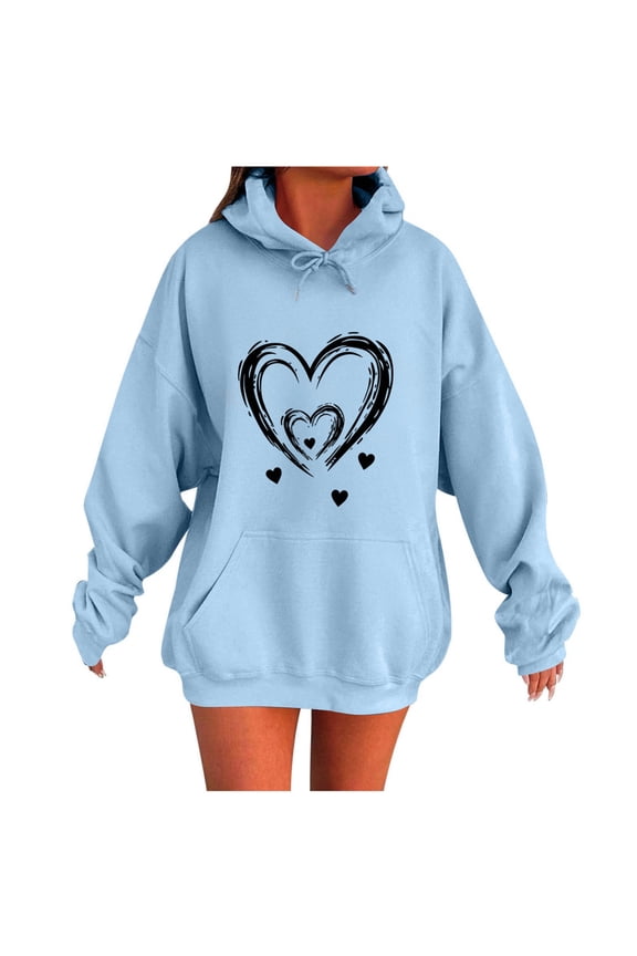 Women's Graphic Hoodies Heart Print Drawstring Long Sleeve Pocket Sweatshirt Fall Fashion Pullover Tops Light Blue XL