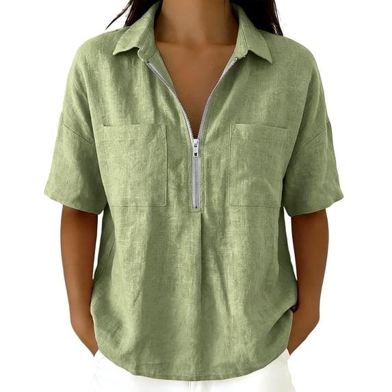 Olyvenn Women's Half-Zip Linen Blend Button Collared Shirt, Short Sleeve, Two Chest Pockets, Casual & Workwear Top Green XXL